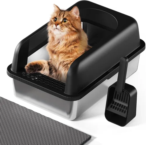 Vista 14 de Caja de arena para gatos de acero inoxidable con tapa, 20 pulgadas de largo x 14.2 pulgadas de ancho x 11.8 pulgadas de alto, caja de arena grande