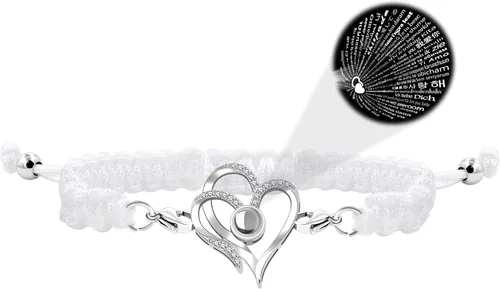 Vista 8 de Pulsera y collar de corazón con dije de proyección en 100 idiomas hechos a mano y collar de doble uso, pulsera de corazón con texto en inglés "I