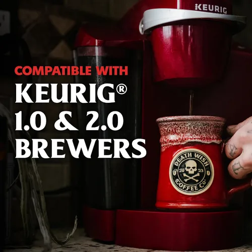 Vista 2 de Death Wish Coffee Cápsulas de tostado medio de una sola porción – El café más fuerte del mundo – Mezcla más ligera de granos arábica audaz y Robusta