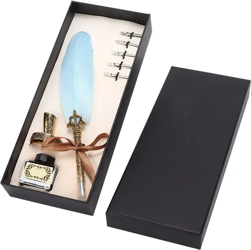 Vista 12 de Pen Set, Vintage Calligraphy Writing Suit with Metal Holder and Glass Ink Bottle, 1-5mm Flat Nib for Gothic Italian Script, Complete Gift Box for