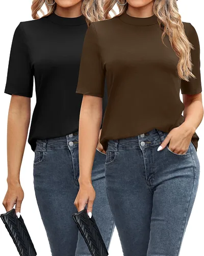 Vista 2 de Paquete de 2 camisetas casuales de negocios para mujer, camisas de cuello alto falso de manga corta cuello alto, blusas elegantes de manga corta