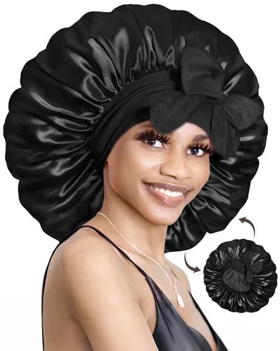 Vista 22 de BONNET QUEEN Gorro reversible de satén de seda para dormir, doble capa, ajustable, trenzas rizadas, peluca de cabello natural, banda para gorro