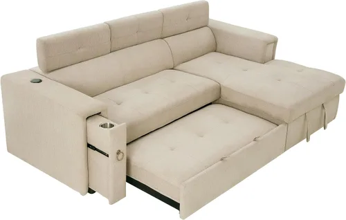 Vista 4 de Moderno sofá cama extraíble de lino con reposacabezas ajustable y carga inalámbrica, sofá esquinero en forma de L de 96 pulgadas, sofá modular