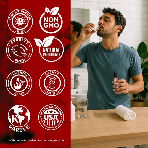 Vista 9 de GuruNanda Enjuague bucal de tamaño de viaje con aceite de canela, promueve la calma, con neem y ashwagandha para un aliento fresco y encías felices