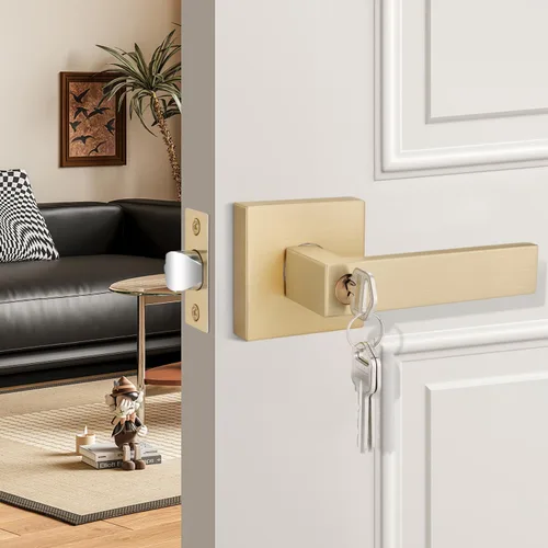 Vista 10 de EHOMEWARE - Juego de manijas de puerta delantera doble de latón, manija de puerta de latón cuadrado resistente en oro y cerradura de un solo