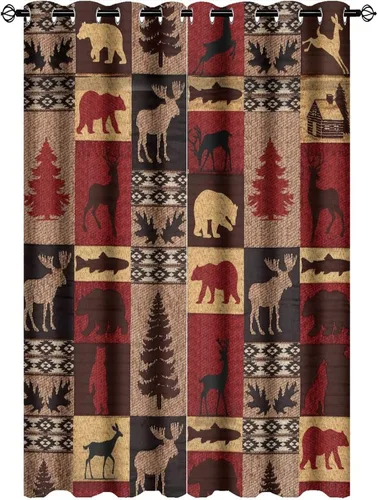 Vista 10 de Cortinas de oscurecimiento estilo campestre con osos, alces y ciervos, cortinas opacas para ventanas con ojales, tratamiento de ventanas eficiente