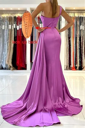 Vista 2 de Clothfun Vestido largo de satén para dama de honor con un hombro brillante para mujer