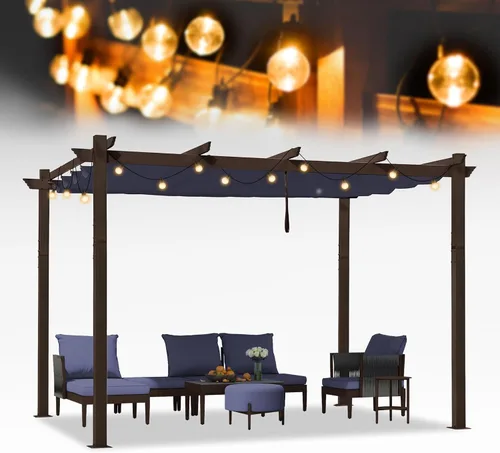 Vista 21 de PURPLE LEAF Pérgola de 10 x 12 pies con toldo retráctil, pérgola cuadrada de bronce de aluminio para patio al aire libre, junto a la piscina, beige