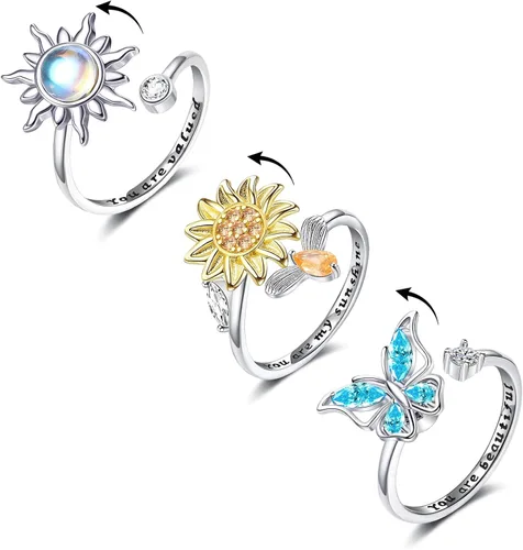 Vista 12 de Honsny Fidget Anxiety Rings for Women Adjustable Spinner Fidget Ring Set A 6 piezas