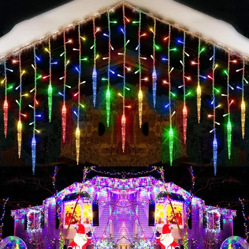 Vista 10 de Luces de Copo de Nieve de Navidad, 10.66 pies, 168 Luces LED de Carámbanos para Exteriores con 14 Gotas, 8 Modos Impermeables Conectables