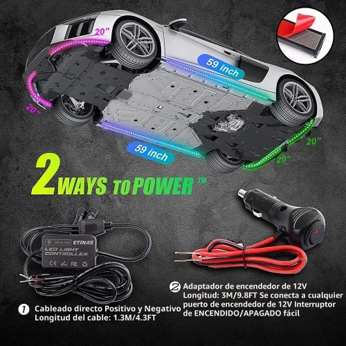 Vista 2 de Luces para debajo del auto, kit de tira de luces Bluetooth Dream Color Chasing, 6 luces exteriores impermeables con control de aplicación, 12 V 300