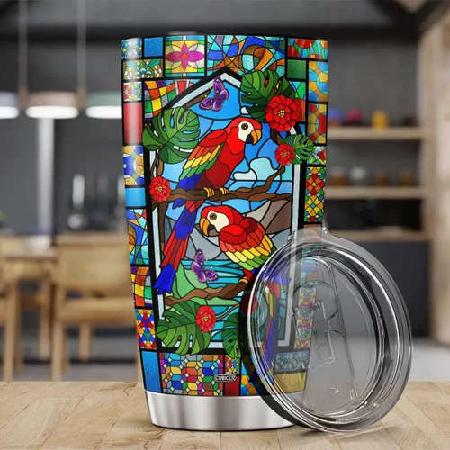 Vista 3 de CUBICER Taza colorida de loro tropical, tazas inspiradoras con aislamiento térmico de 20 onzas con tapa, taza de acero inoxidable, regalos