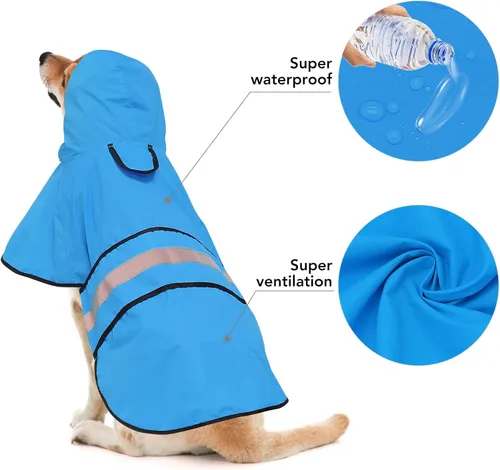 Vista 3 de Weesiber Chubasquero para perro, impermeable con agujero para correa, ropa de lluvia con capucha reflectante para cachorros, poncho para mascotas