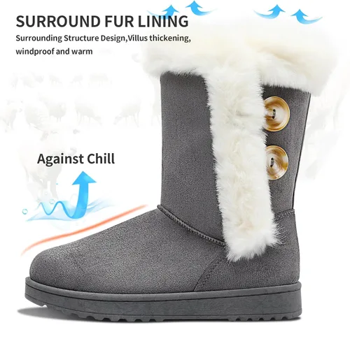 Vista 2 de Obtaom Botas de nieve de invierno para mujer, botas cortas de media pantorrilla, botas de moda de resina con botón de resina sintética para mujer