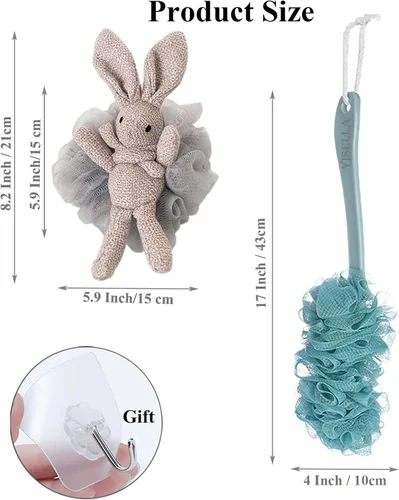 Vista 2 de Cepillo de baño de mango largo para ducha + esponja de baño gris Luffa