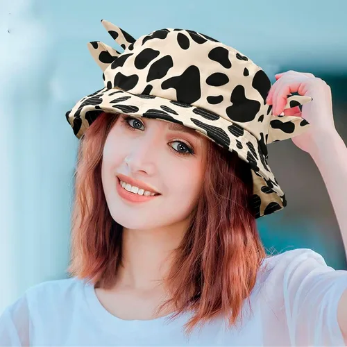 Vista 18 de Sombrero de pescador con estampado de vaca con orejas de cuerno lindas con estampado de vaca, sombrero de sol de playa de verano, sombrero