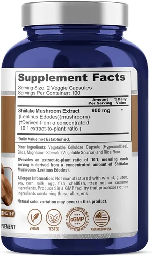 Vista 3 de NusaPure Extracto de hongos Shiitake 9000 mg 200 cápsulas vegetales (sin OMG, sin gluten) Plant Based Formula, 10:1 Lentinus edodes Extract