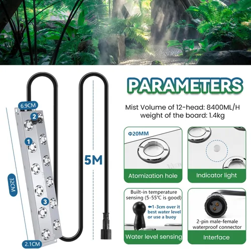 Vista 2 de Mxmoonant Mist Maker - Humidificador ultrasónico de 12 cabezales, 284.0 fl oz/H con fuente de alimentación de 400 W, flotador, discos de repuesto