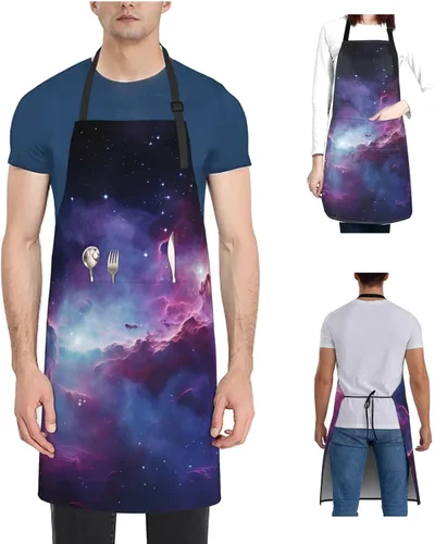 Vista 9 de Delantales de galaxia púrpura y azul para mujer con 2 bolsillos, delantal de cocina para hombres, resistente al agua y al aceite, delantal ajustable