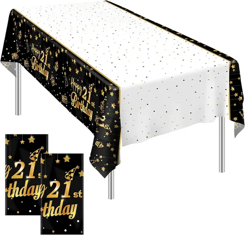 Vista 11 de Ruisita Paquete de 2 manteles rectangulares de color negro y dorado para fiestas de cumpleaños de 18 años, manteles de fiesta de cumpleaños