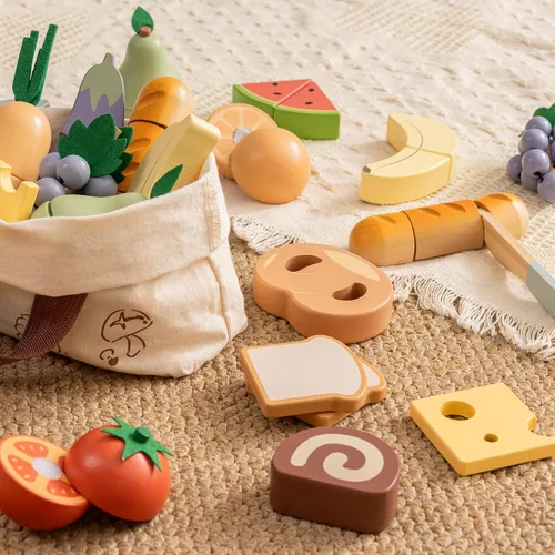 Vista 2 de ROBOTIME Juego de comida de madera 4 en 1, juego de juguete de simulación para jugar cocina con bolsa de compras, accesorios de cocina para niños
