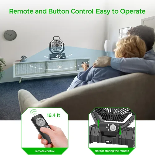 Vista 5 de Ventilador recargable de camping con linterna LED, 20,000 mAh, ventilador de escritorio auto-oscilante recargable con batería, control remoto