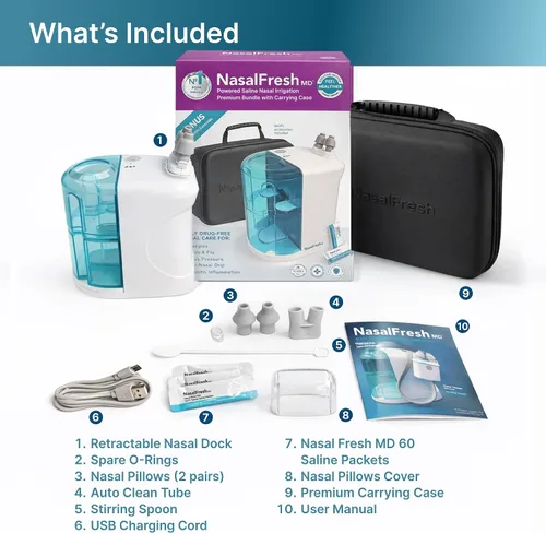 Vista 7 de NASALFRESH MD Paquete premium: sistema de riego nasal de doble potencia, enjuague nasal y lavado, sistema de alivio descongestionante sinusal, 60