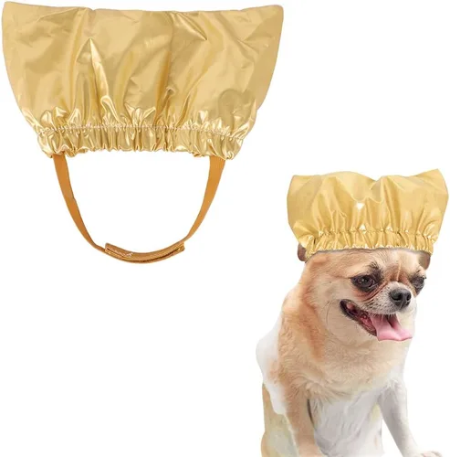 Vista 2 de Gorro de ducha para mascotas, impermeable, con una correa ajustable, fundas para orejas de perro, reutilizable, para gatos y perros