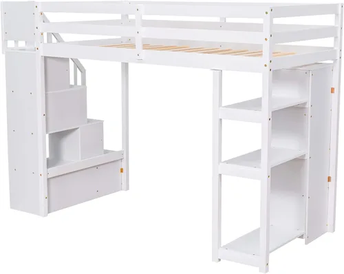Vista 8 de VilroCaz Cama loft multifuncional de tamaño individual con cajones de almacenamiento y escalera, marco de cama de madera maciza con barandilla