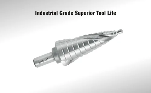 Vista 3 de Broca escalonada industrial HSS de 3/16 a 1 pulgada con vástago de 3/8 pulgadas, flauta espiral doble Unibit con tamaño de 14 escalones para metal