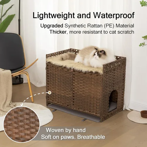 Vista 6 de Furriends Caja de arena para gatos con 2 alfombrillas, muebles ocultos de ratán tejido a mano, grande, 30.3 pulgadas de largo x 18.2 pulgadas