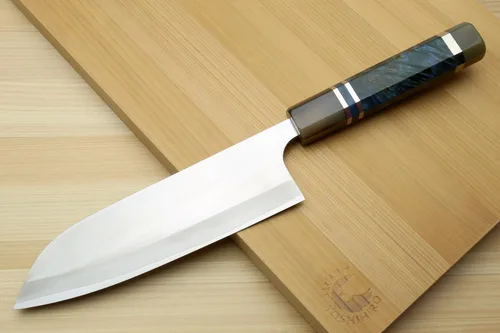 Vista 3 de Yoshihiro Cuchillo de chef multiusos de acero inoxidable HAP40 Santoku de alta velocidad, mango de ébano natural, 7 "(180 mm)