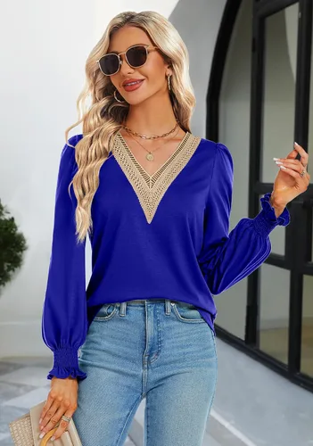 Vista 3 de Funlingo Camisetas casuales de encaje con cuello en V para mujer, blusas holgadas de manga larga abombada
