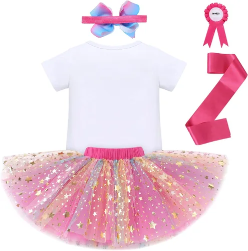 Vista 2 de IDOPIP Conjunto de 5 piezas de ropa para bebé con diseño de arco iris para 1er 2 3 cumpleaños para niña