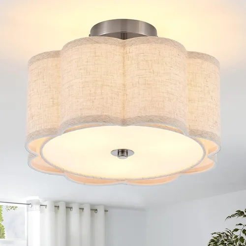 Vista 10 de Lámpara de techo semiempotrada de tambor vintage de 12.2 pulgadas, moderna casa de campo, 2 luces, tambor de lino, iluminación de techo cromada