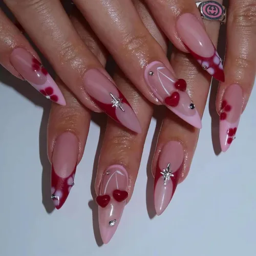 Vista 16 de BABALAL Uñas postizas largas a presión de estilo stiletto, uñas postizas francesas de lujo, con pegamento, diseño de diamantes de imitación