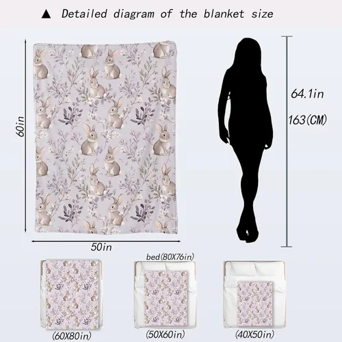 Vista 2 de Manta Bonita de Conejo - Adorable Manta de Forro Polar de Conejo con Diseño Floral en Lavanda Pastel, Regalos para Niños y Niñas, Suave y Cálida