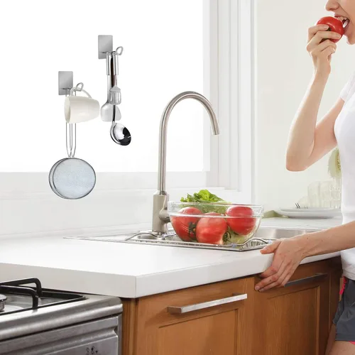Vista 6 de Ganchos adhesivos, gancho de toalla de acero inoxidable, colgador adhesivo para cocina y puerta, ganchos de pared de baño para colgar toallas
