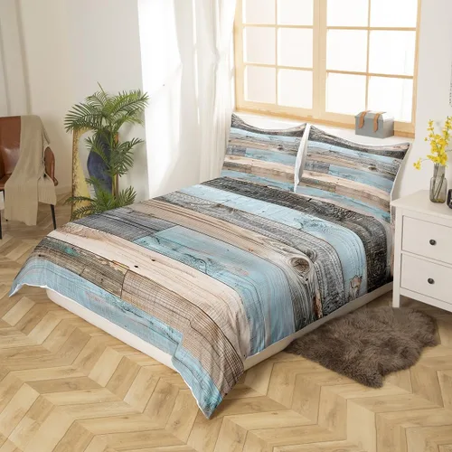 Vista 3 de Erosebridal Funda de edredón de madera con puerta de granero, juegos de ropa de cama estilo occidental, tamaño Queen, funda de edredón rústica