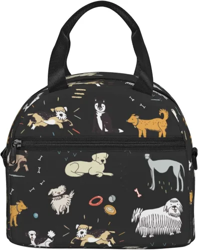 Vista 8 de Bonita Lonchera de Perinsto con Perros en Fondo Negro, Bolsa de Almuerzo Reutilizable Aislada con Correa Ajustable para Oficina, Trabajo, Picnic