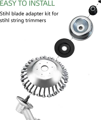 Vista 7 de Cabezal cortador de malezas de alambre de acero giratorio de 8 pulgadas con kit adaptador universal compatible con recortadoras de cuerdas