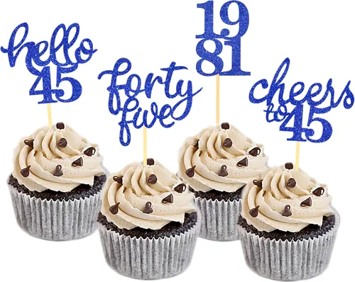Vista 9 de 24 adornos para cupcakes de cumpleaños 45 con purpurina para decorar tartas de cumpleaños de 45 años, decoraciones de cumpleaños n.° 45 para Black2