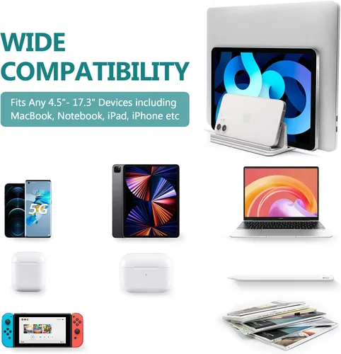 Vista 6 de Soporte vertical para computadora portátil para escritorio de metal resistente, 4 ranuras ajustables 4 en 1 vertical MacBook Stand Rack Pro Soporte