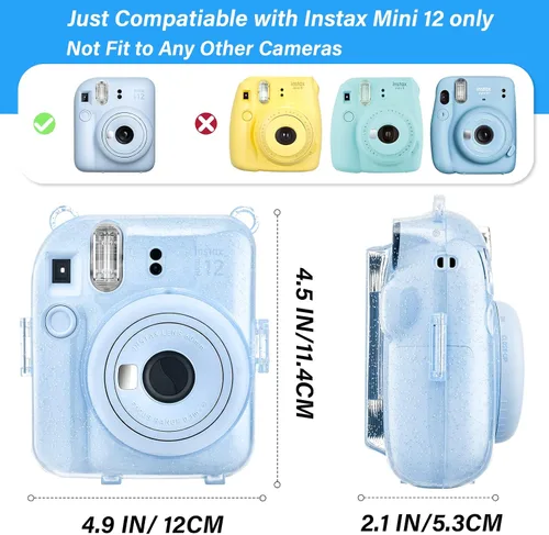 Vista 4 de Fuji Mini 12 - Funda rígida de policarbonato transparente para cámara instantánea Instax Mini 12 con calcomanías y soporte para almacenamiento