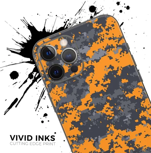 Vista 5 de DesignSkinz Kit de calcomanías de cuerpo completo compatible con iPhone 15 Plus, camuflaje digital naranja y gris