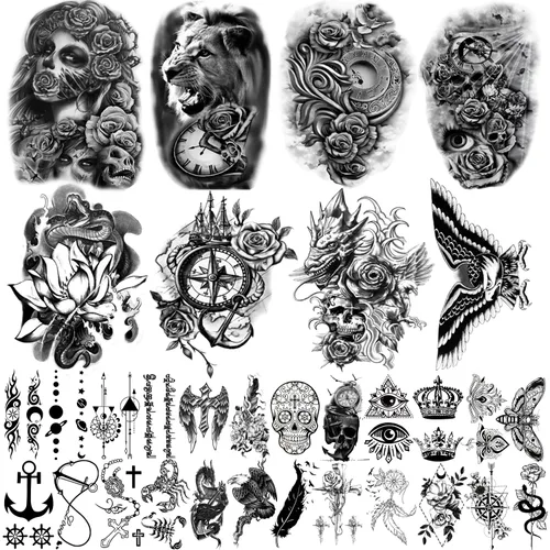 Vista 13 de 77 hojas de tatuajes temporales realistas en 3D para adultos y niños, cráneo, tigre, lobo, león, dragón, araña, serpiente, tatuajes temporales