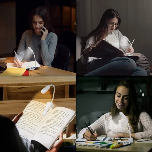 Vista 7 de Luz de lectura de libro con clip para cama, lámpara de libro con abrazadera con 5 LED para el cuidado de los ojos, 3 colores cambiables, funciona