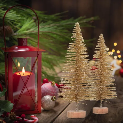 Vista 2 de 8 piezas de mini árbol de Navidad, árboles de Navidad en miniatura con base de madera, árboles de cepillo de botella dorados, árbol de Navidad