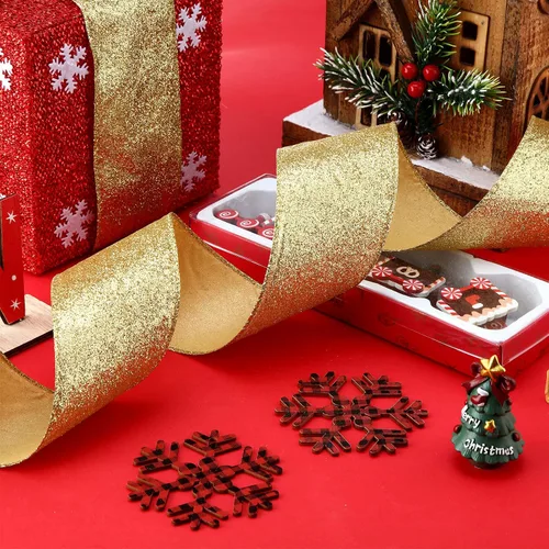 Vista 5 de 2 rollos de cinta de Navidad de 20 yardas con purpurina metálica con borde de alambre, cintas decorativas de tela para envolver fiestas, decoración