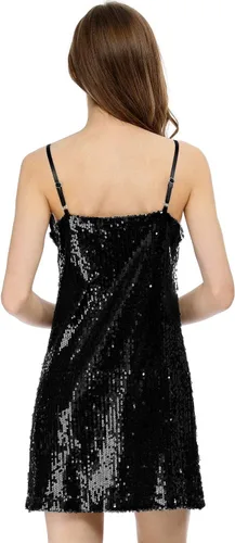 Vista 5 de Allegra K - Minivestido de lentejuelas con brillantina para mujer, tirantes delgados, cuello en V, para fiesta, cóctel, discoteca